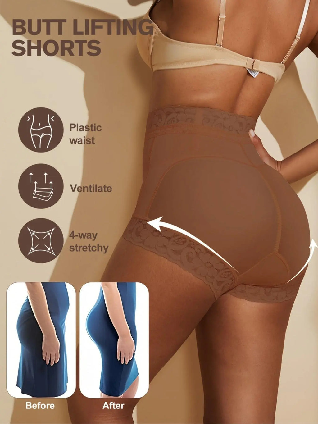 Women's Solid Contrast Lace High Waist Shapewear Shorts, High Waisted Shapers, Body Shaping Shapewear, Minimalist Tummy Control Shaper for Daily Wear, Ladies Shapewear Bottoms, Everyday Wear Shapewear