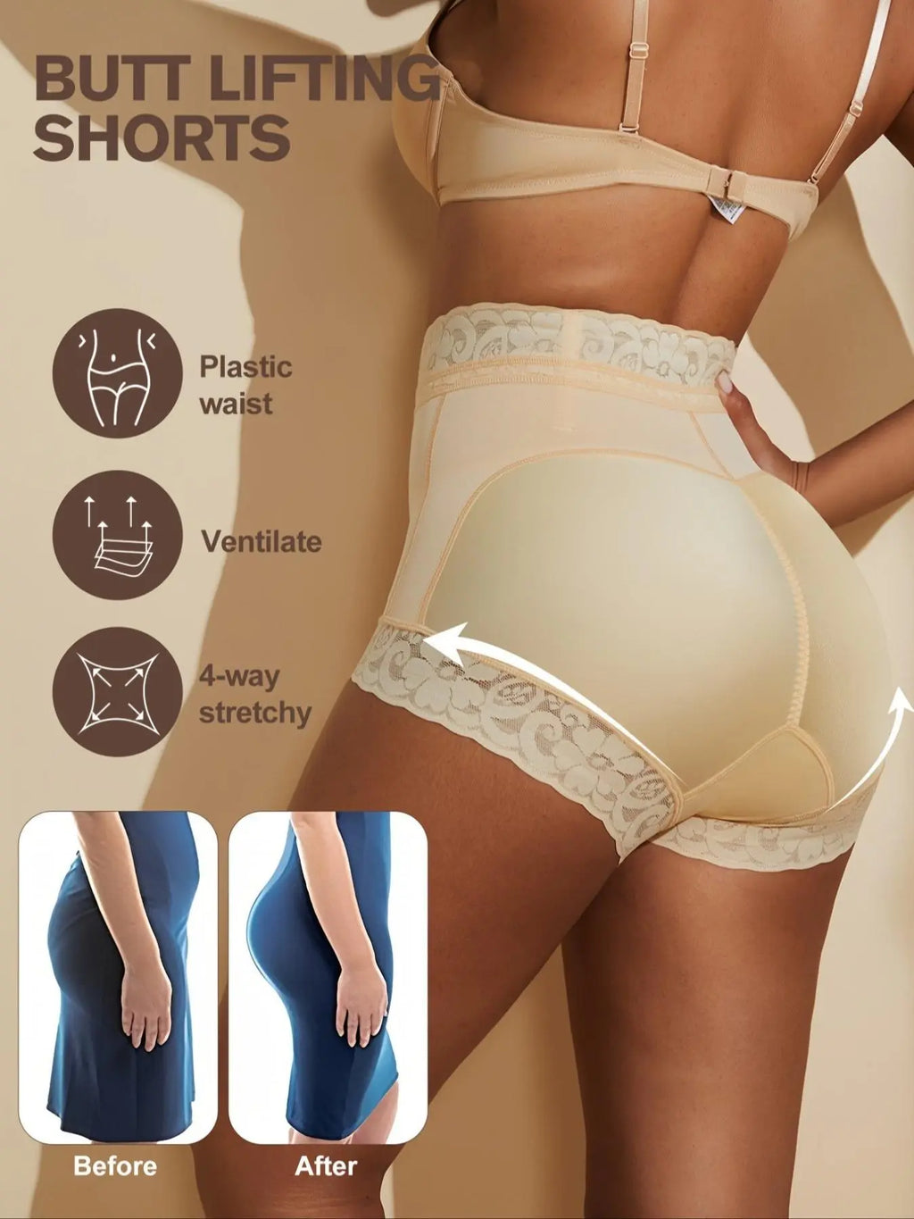Women's Solid Contrast Lace High Waist Shapewear Shorts, High Waisted Shapers, Body Shaping Shapewear, Minimalist Tummy Control Shaper for Daily Wear, Ladies Shapewear Bottoms, Everyday Wear Shapewear