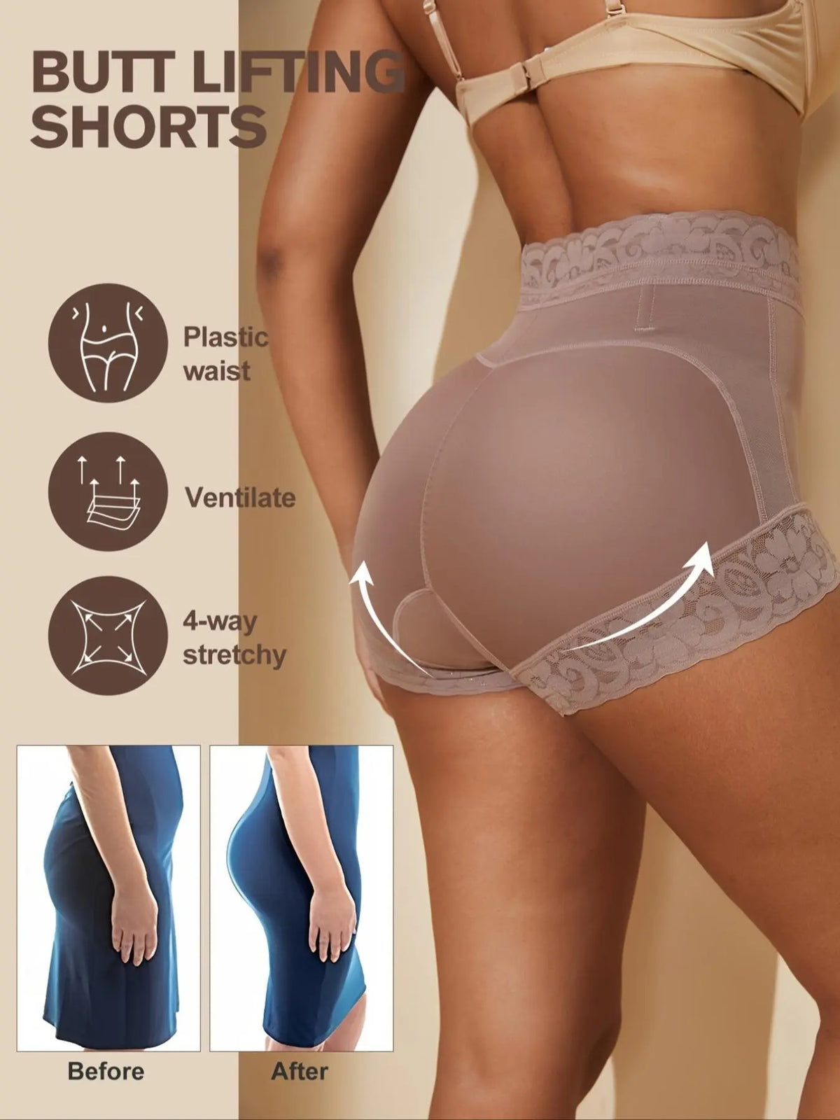 Women's Solid Contrast Lace High Waist Shapewear Shorts, High Waisted Shapers, Body Shaping Shapewear, Minimalist Tummy Control Shaper for Daily Wear, Ladies Shapewear Bottoms, Everyday Wear Shapewear