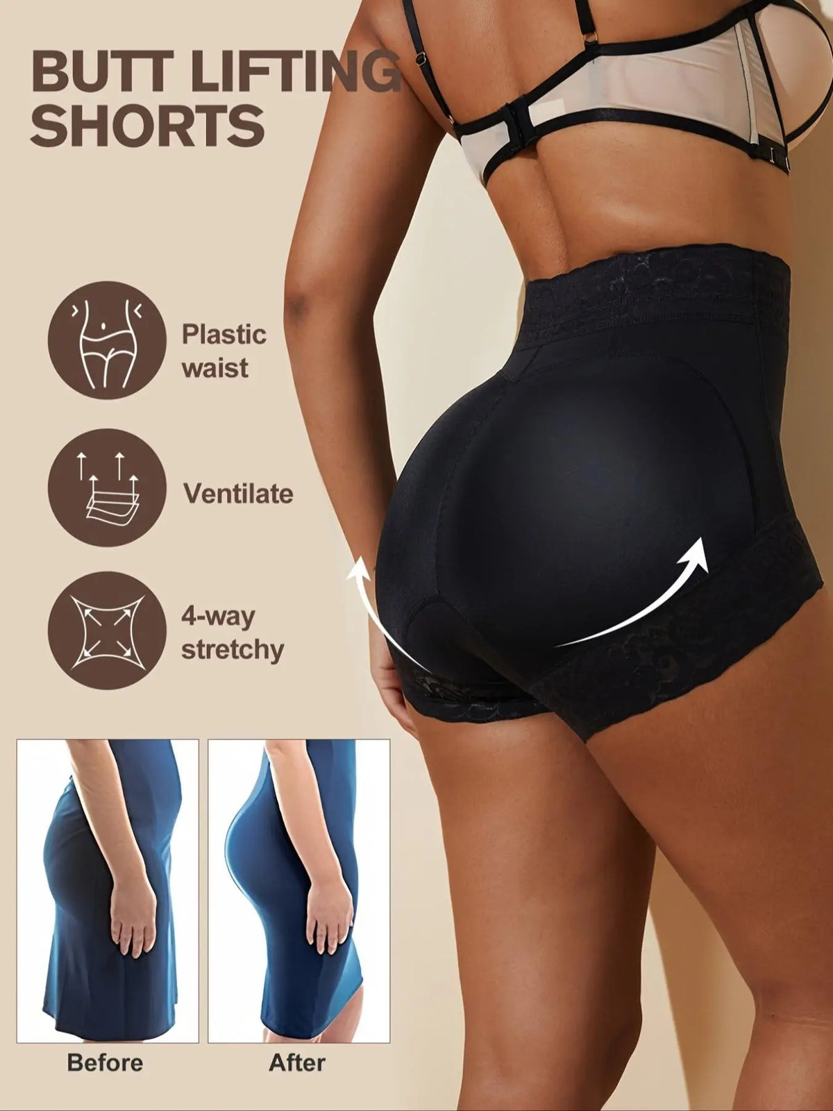 Women's Solid Contrast Lace High Waist Shapewear Shorts, High Waisted Shapers, Body Shaping Shapewear, Minimalist Tummy Control Shaper for Daily Wear, Ladies Shapewear Bottoms, Everyday Wear Shapewear